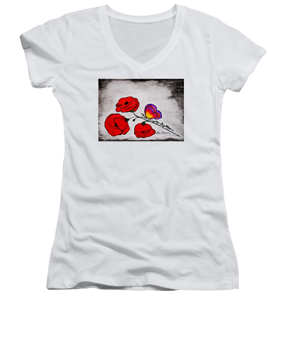 Poppies Women's V-Neck featuring the painting Butterfly Poppies by Ramona Matei