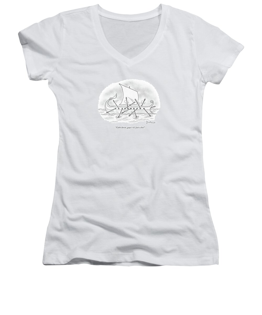 Calm Down Women's V-Neck featuring the drawing Calm Down Guys by David Borchart