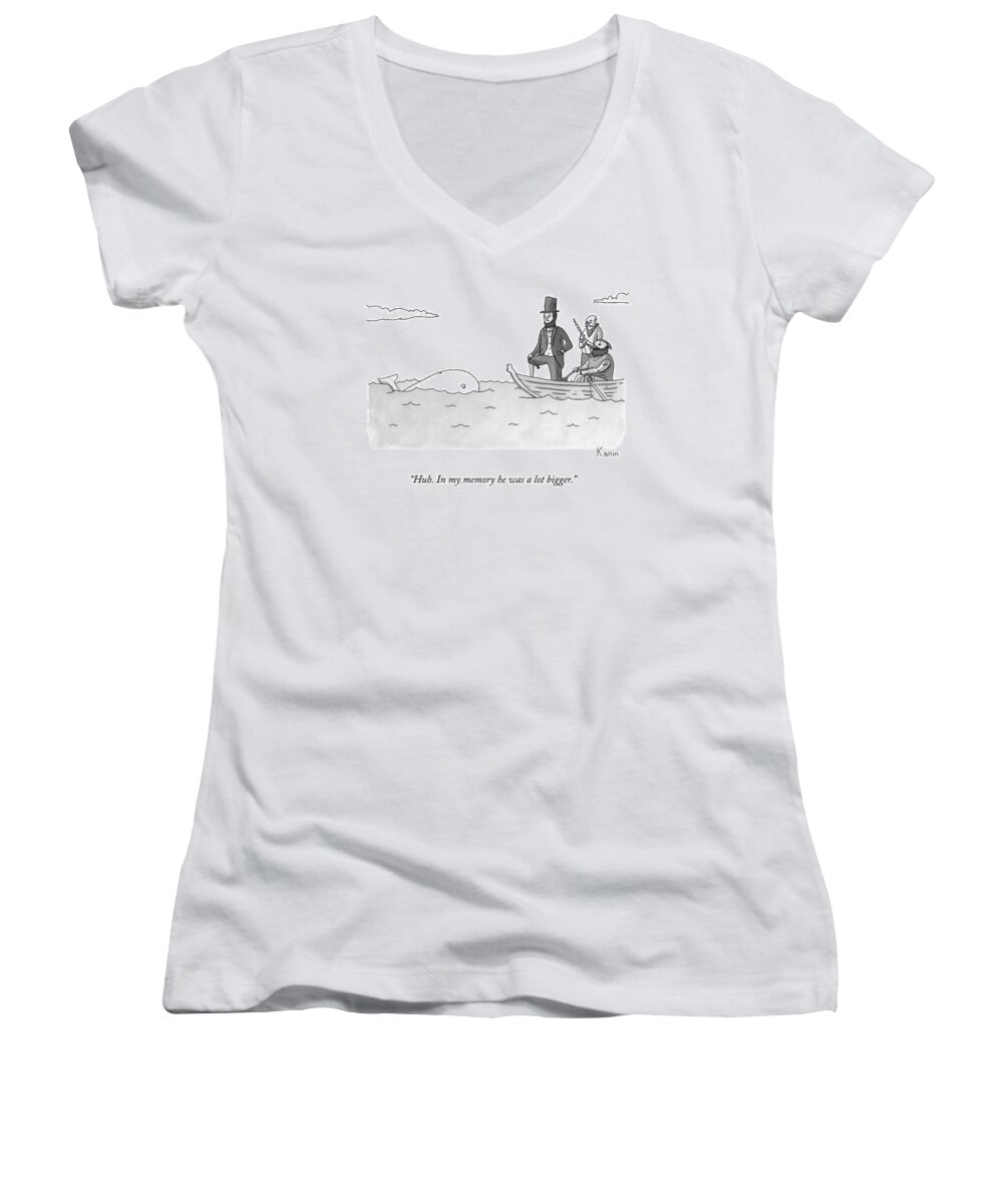 Moby Dick Women's V-Neck featuring the drawing Captain Ahab Finds A Small Whale by Zachary Kanin