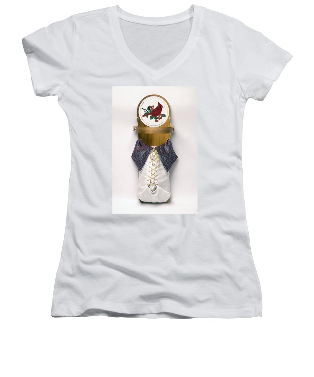 Cradleboard Women's V-Neck featuring the mixed media Cardinal Cradleboard by Douglas Limon