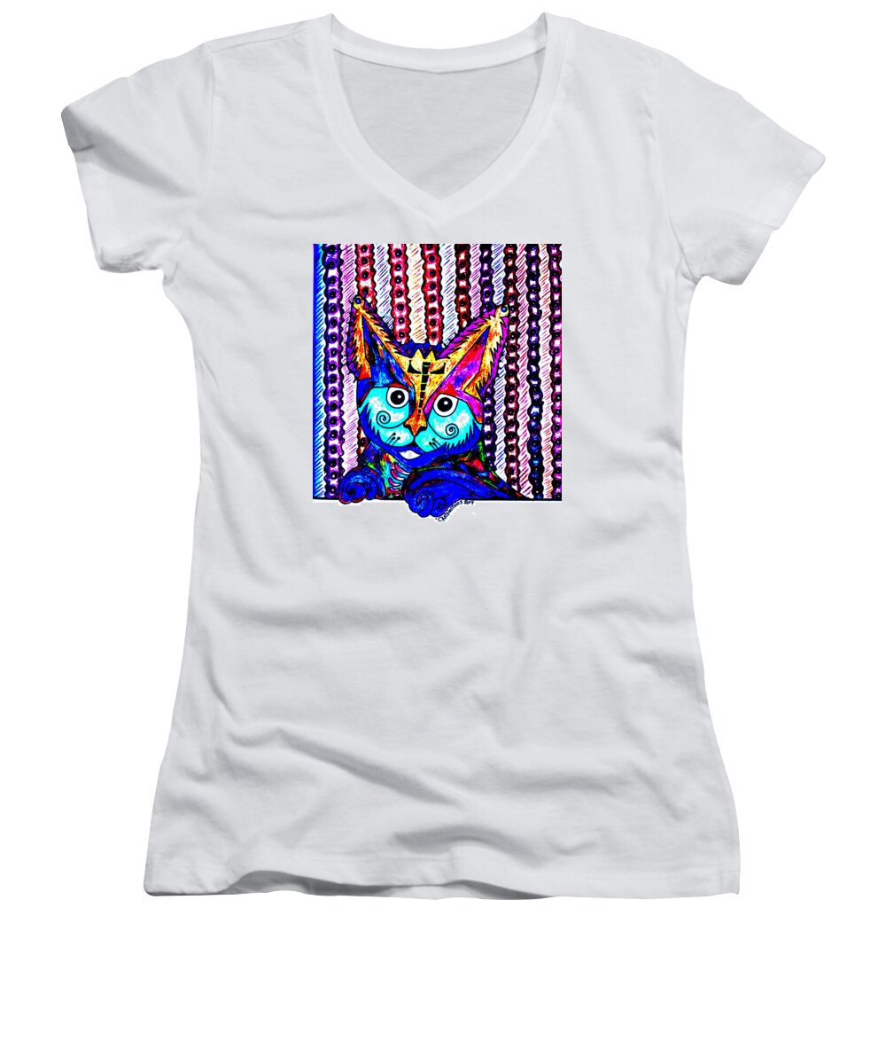 Cat Women's V-Neck featuring the drawing Cat 1 by Carol Tsiatsios