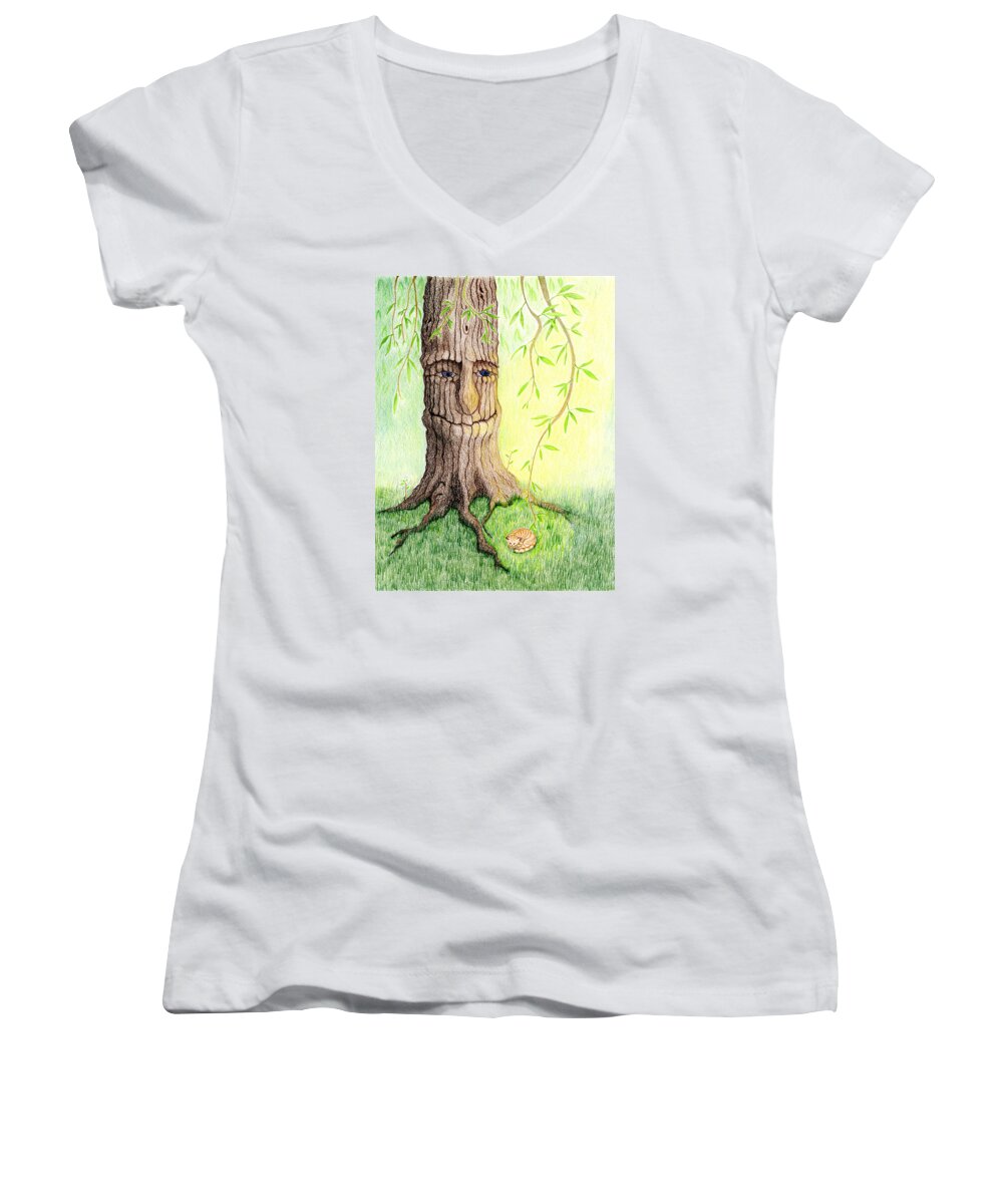 Ginger Kitten Women's V-Neck featuring the drawing Cat and Great Mother Tree by Keiko Katsuta