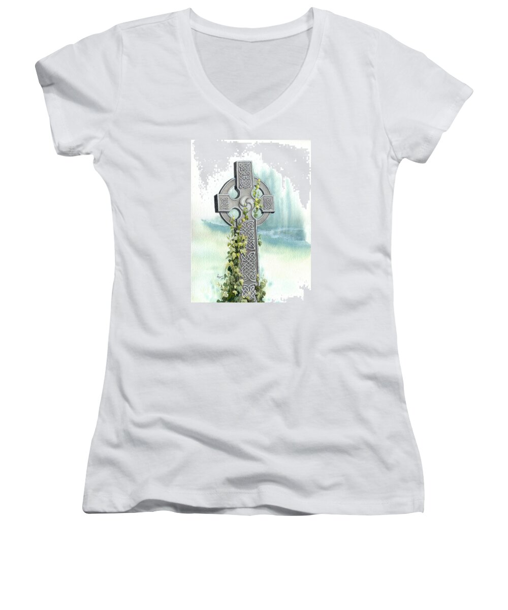 Celtic Cross Women's V-Neck featuring the painting Celtic Cross with Ivy II by Lynn Quinn