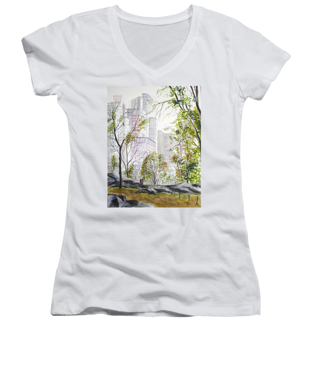 Ny Women's V-Neck featuring the painting Central Park stroll by Clara Sue Beym