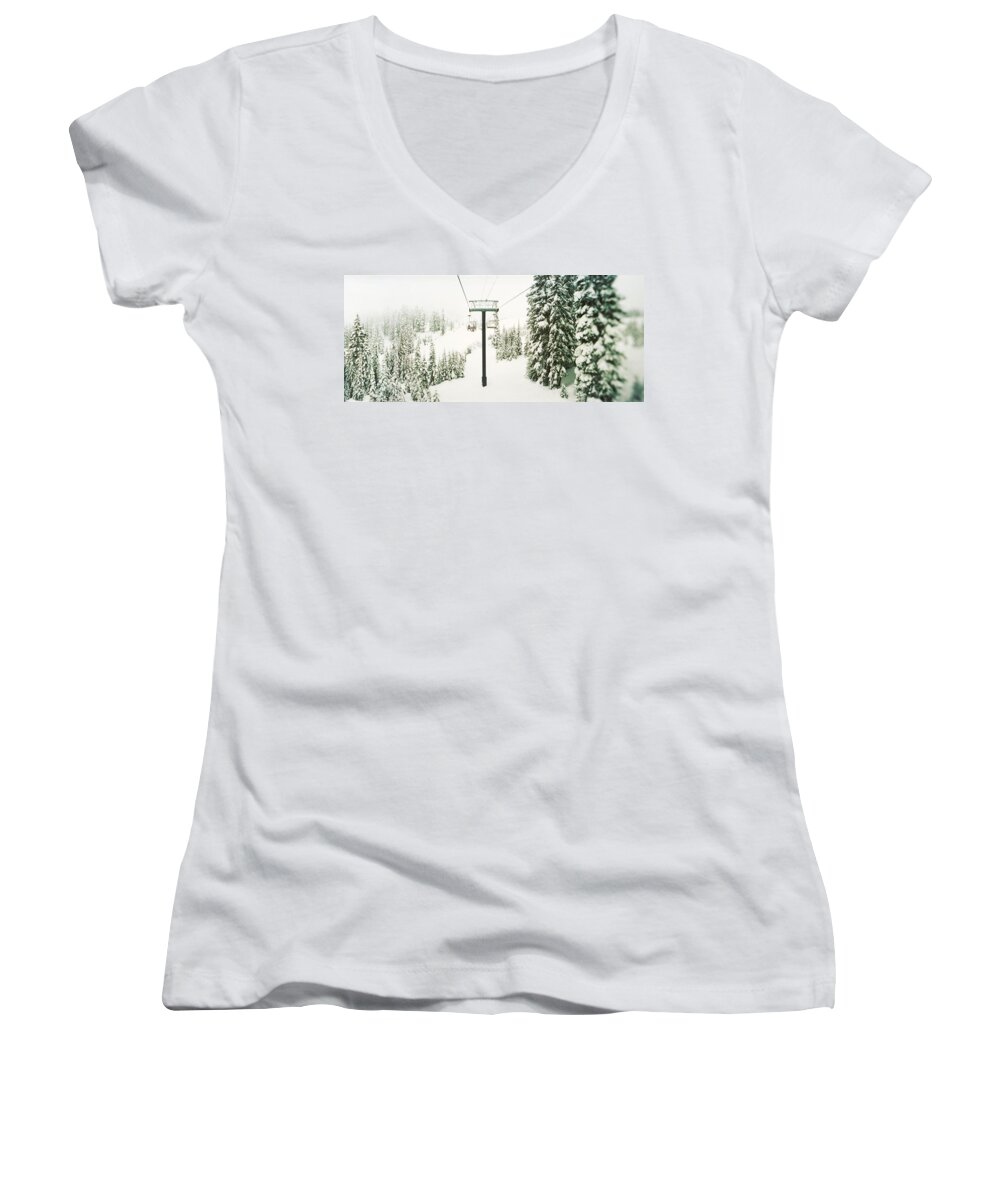 Photography Women's V-Neck featuring the photograph Chair Lift And Snowy Evergreen Trees by Panoramic Images