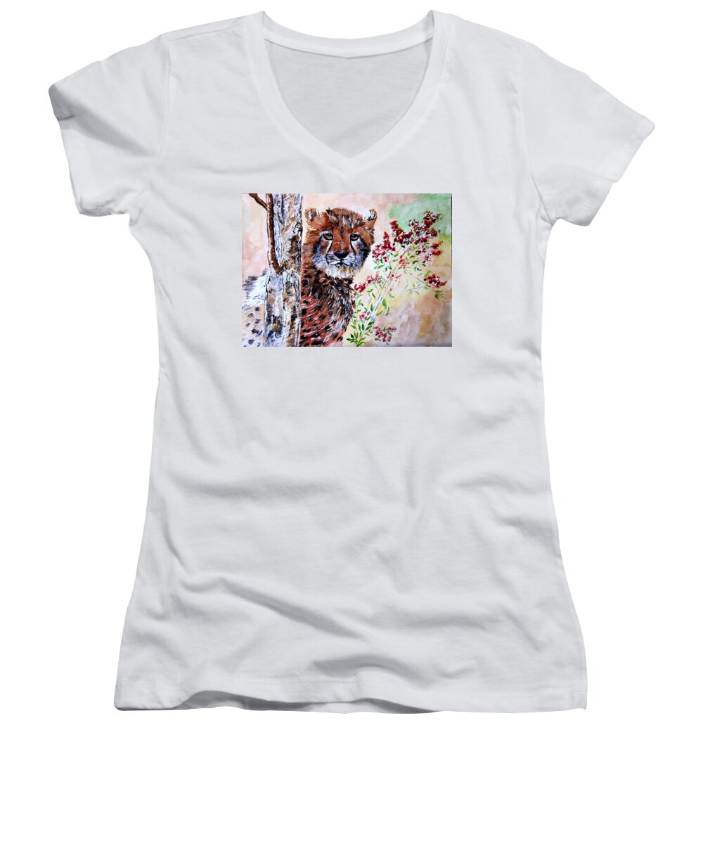 Cat Women's V-Neck featuring the painting Cheetah Behind a Tree by Maris Sherwood