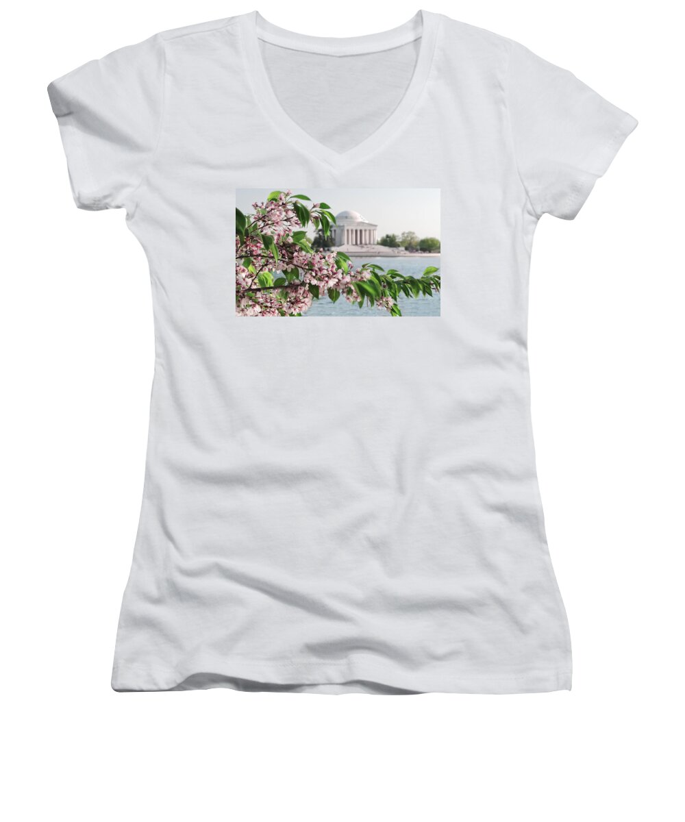 America Women's V-Neck featuring the photograph Cherry Blossoms and the Jefferson Memorial 2 by Mitchell R Grosky