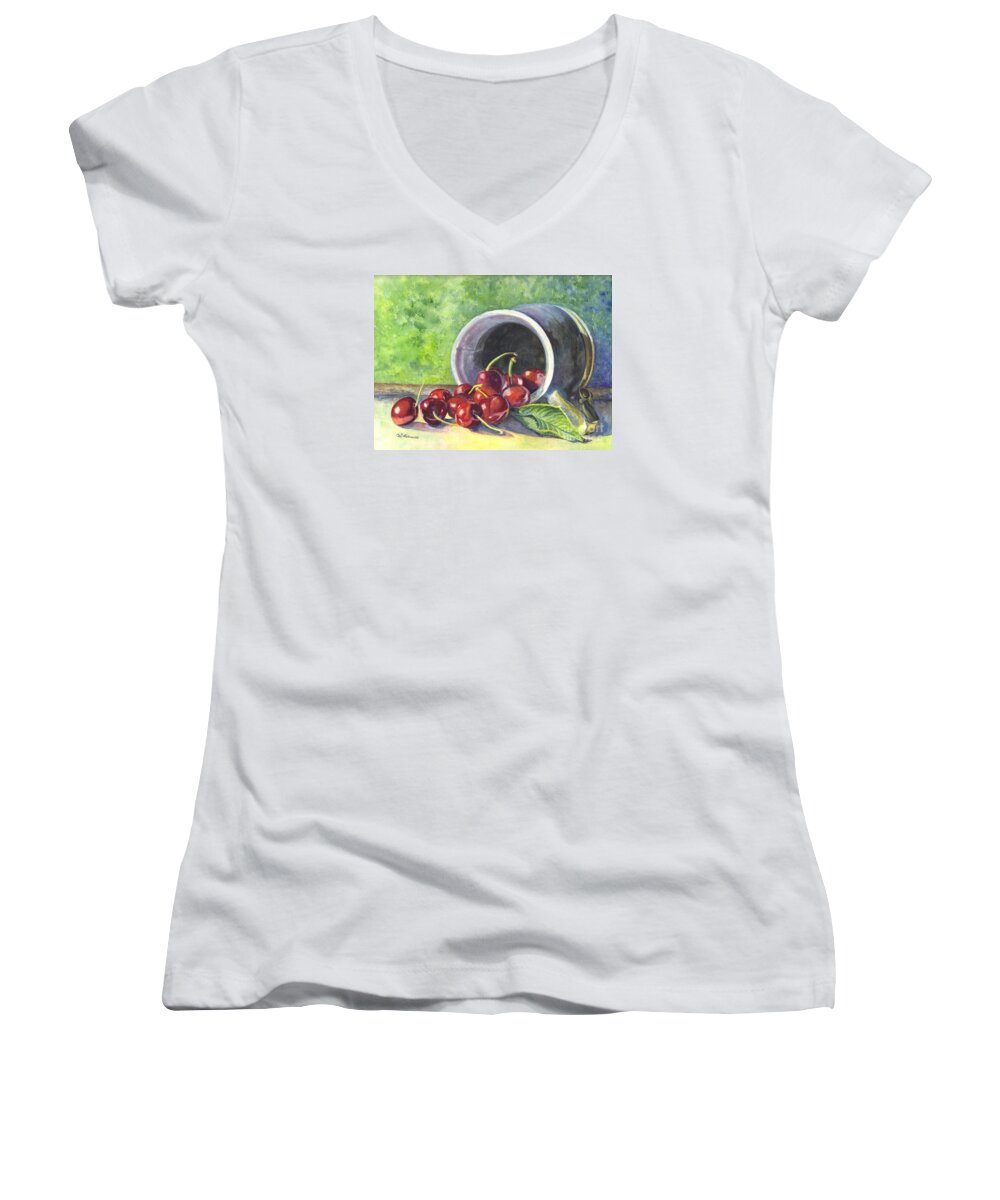 Watercolor Women's V-Neck featuring the painting Cherry Pickins by Carol Wisniewski
