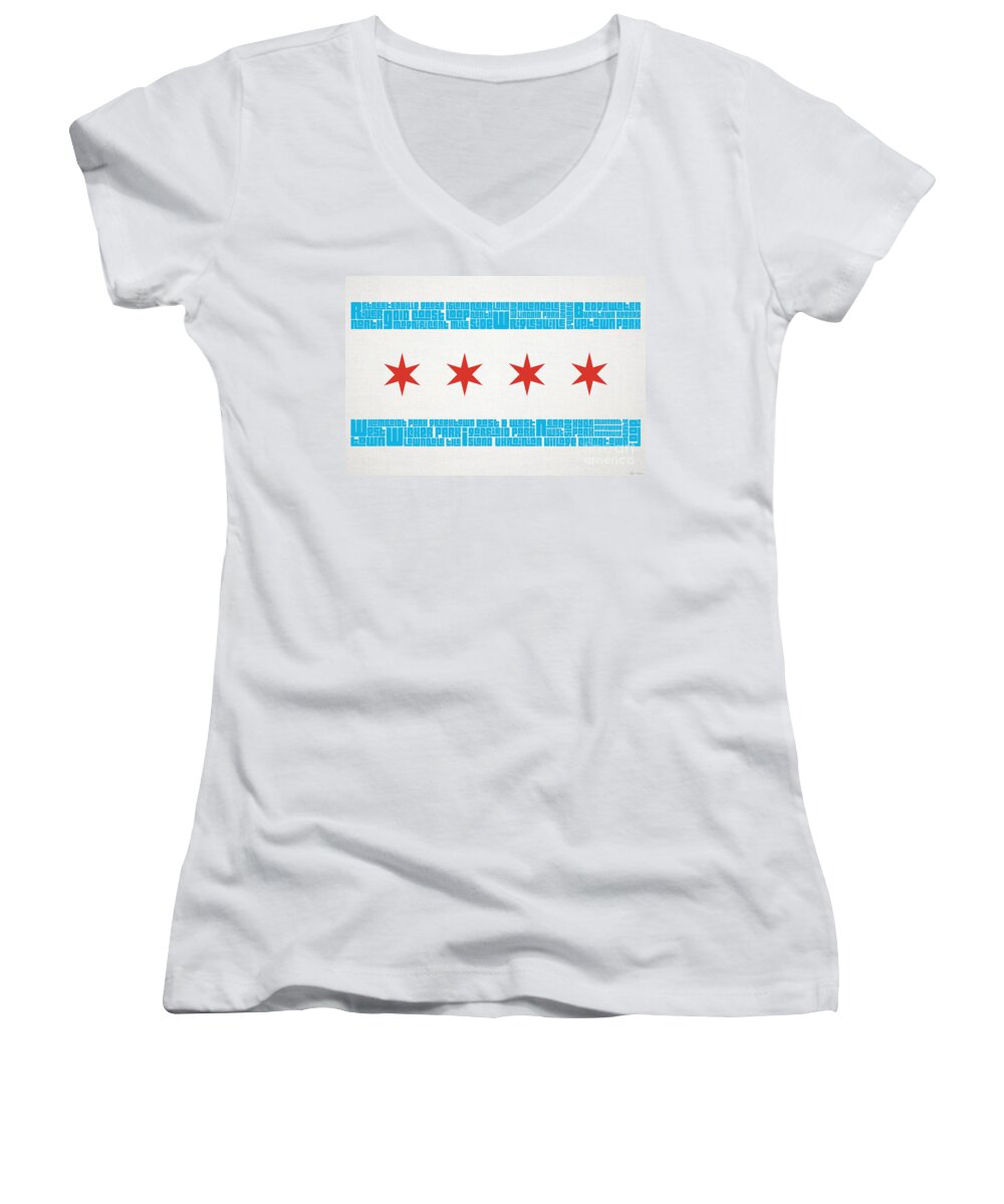 Chicago Women's V-Neck featuring the mixed media Chicago Flag Neighborhoods by Mike Maher