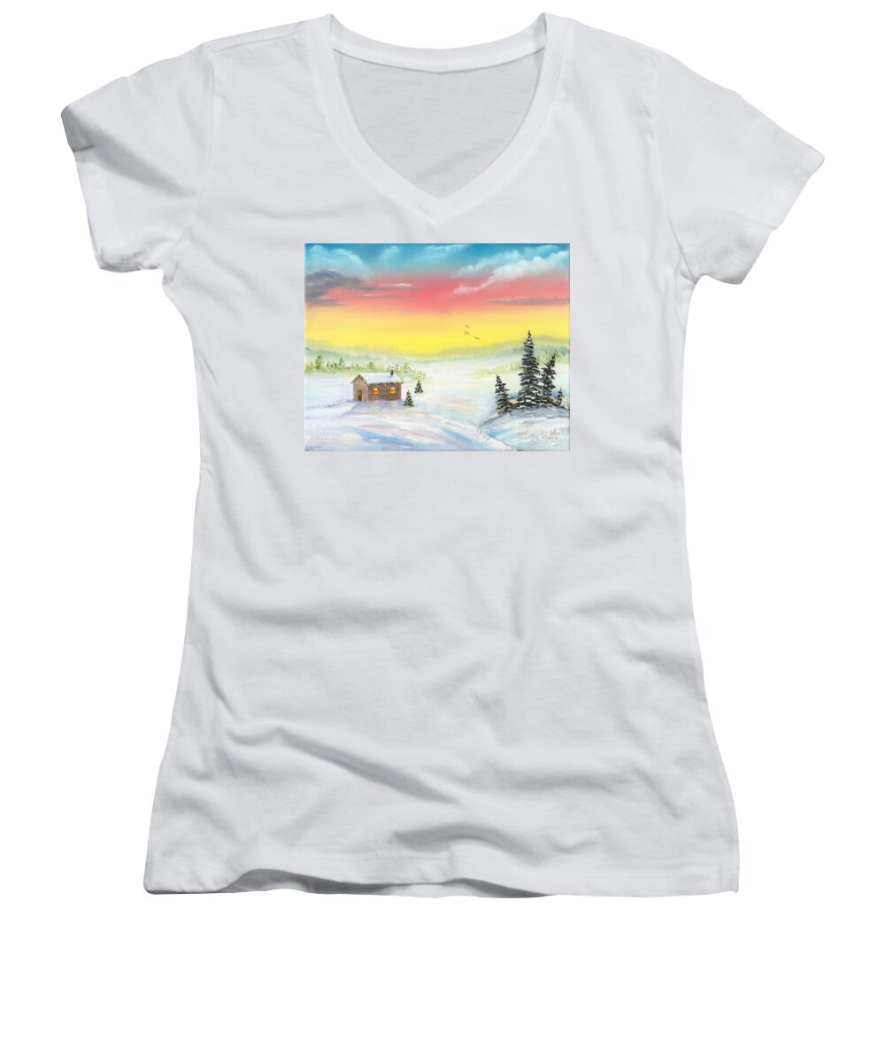 Sunrise Women's V-Neck featuring the painting Christmas Morning by Mary Scott
