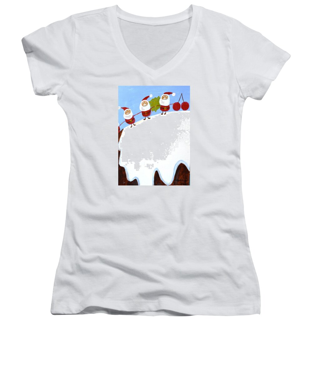 Merry Christmas Women's V-Neck featuring the painting Christmas Pudding and Santas by Magdalena Frohnsdorff