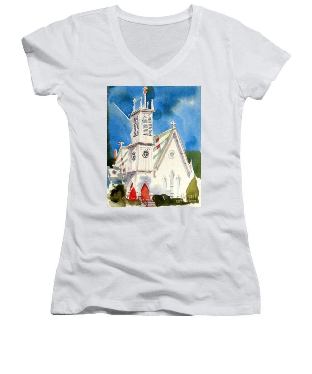Church Women's V-Neck featuring the painting Church with Jet Contrail by Kip DeVore