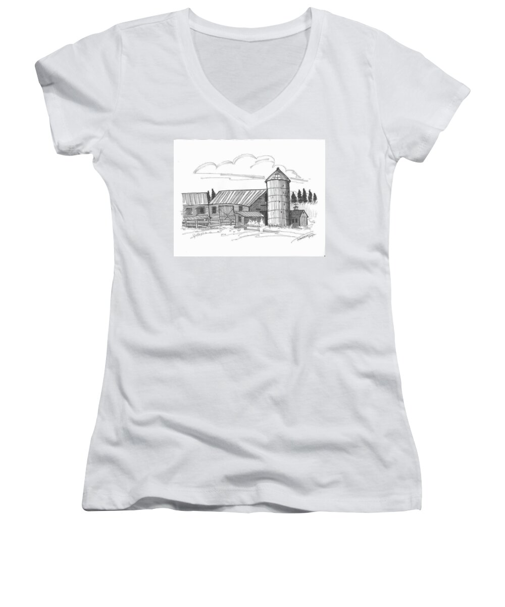 Barn Women's V-Neck featuring the drawing Clermont Barn 2 by Richard Wambach