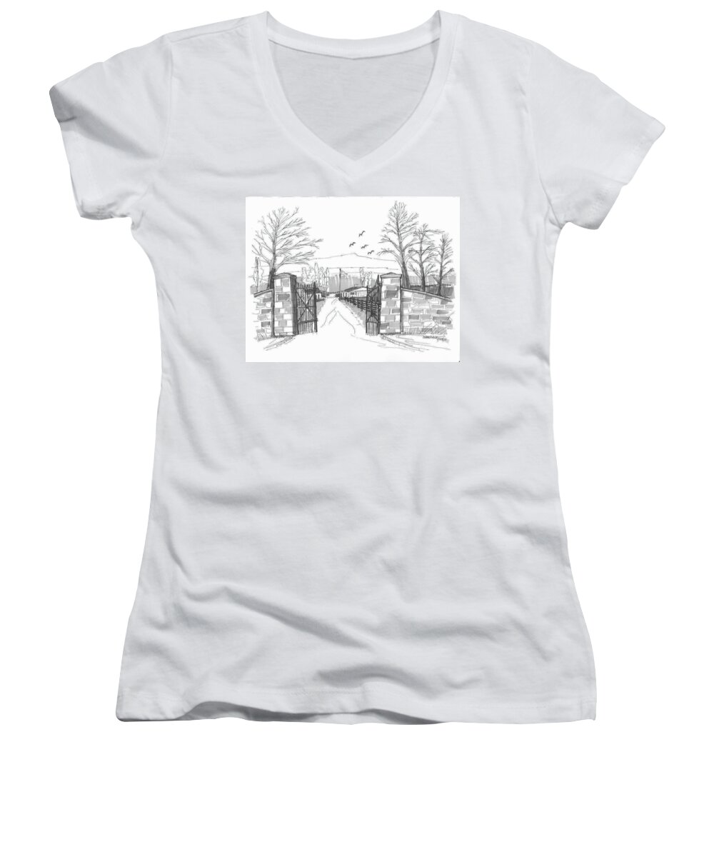 Farm Women's V-Neck featuring the drawing Clermont Farm Gate by Richard Wambach
