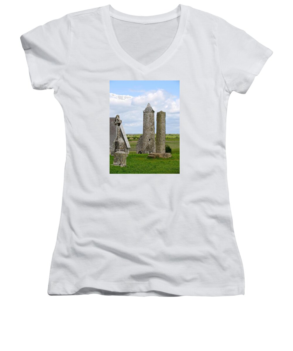 Irish Women's V-Neck featuring the photograph Clonmacnoise Towers by Suzanne Oesterling