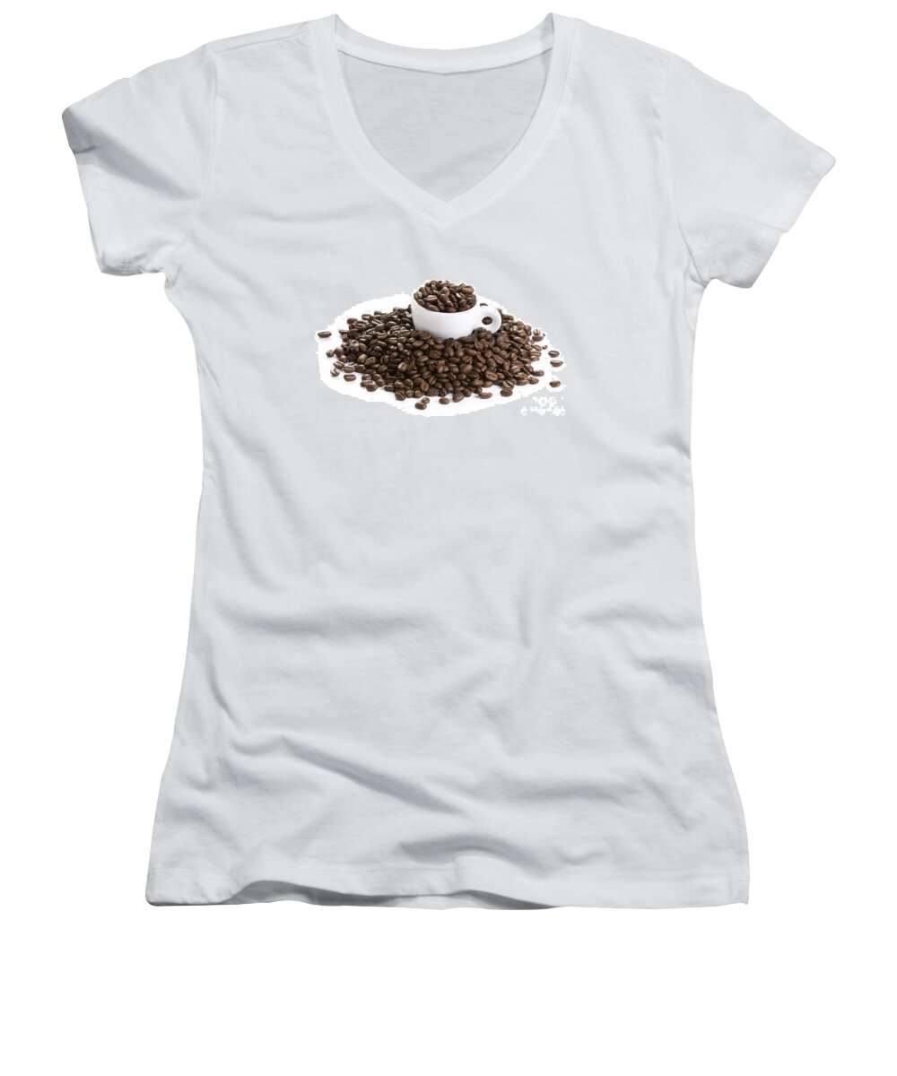 Coffee Women's V-Neck featuring the photograph Coffee Beans And Coffee Cup Isolated On White by Lee Avison