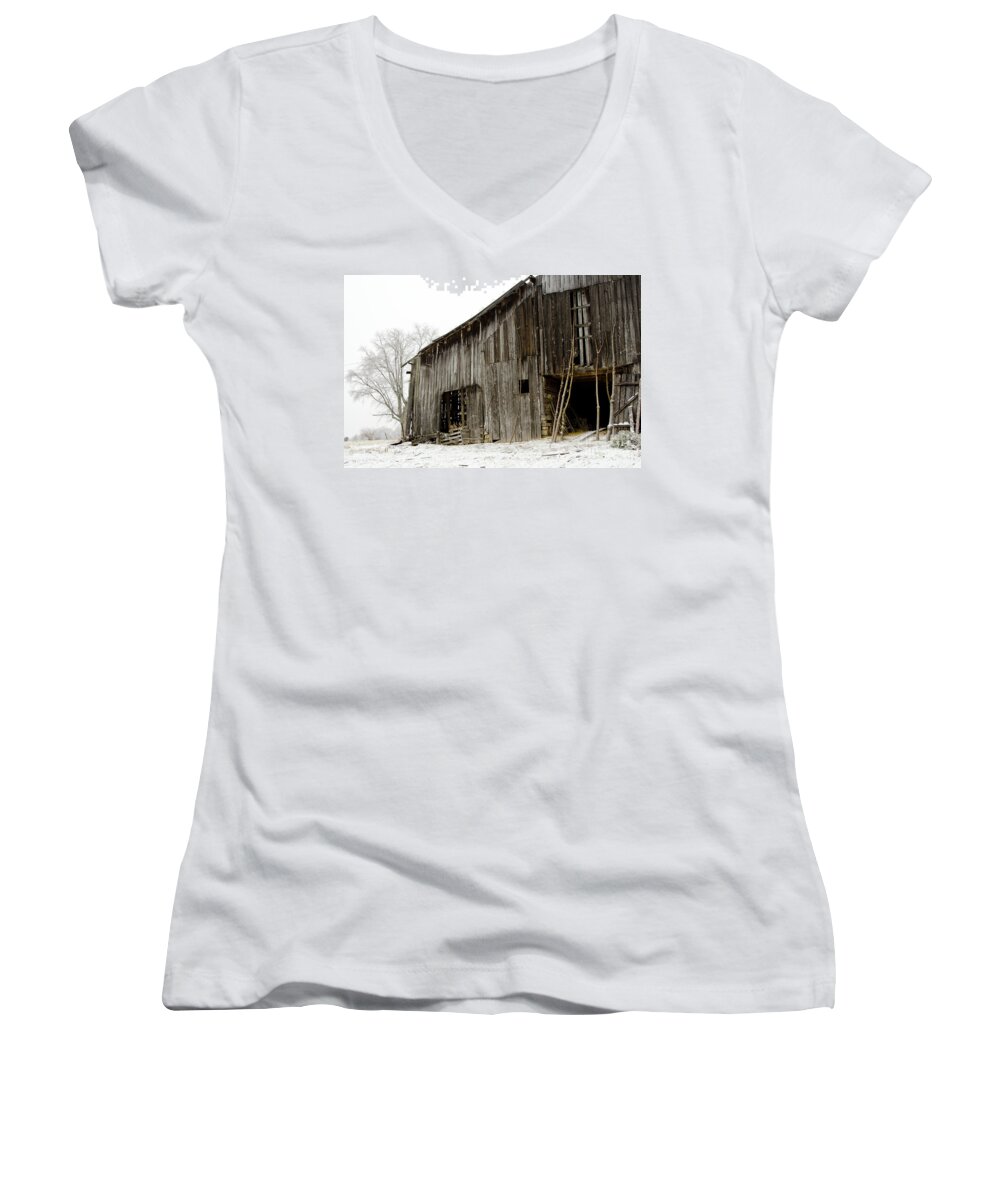 Winter Women's V-Neck featuring the photograph Cold Winter At The Barn by Wilma Birdwell