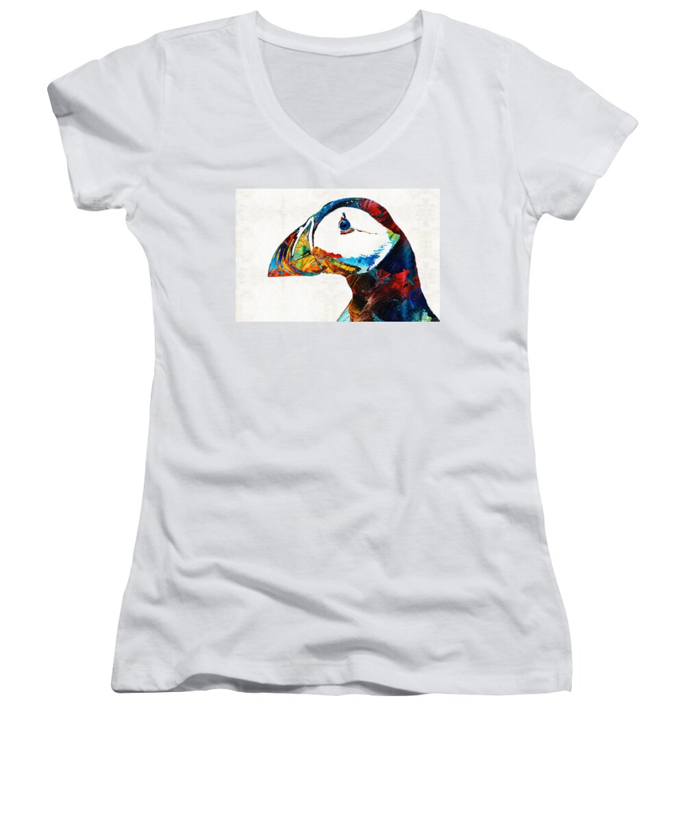 Puffin Women's V-Neck featuring the painting Colorful Puffin Art By Sharon Cummings by Sharon Cummings