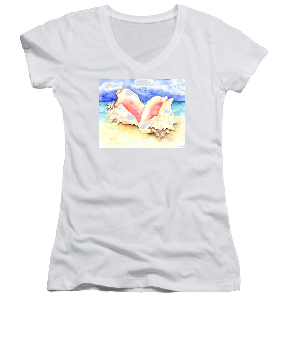 Seashells Women's V-Neck featuring the painting Conch Shells on Beach by Pauline Walsh Jacobson