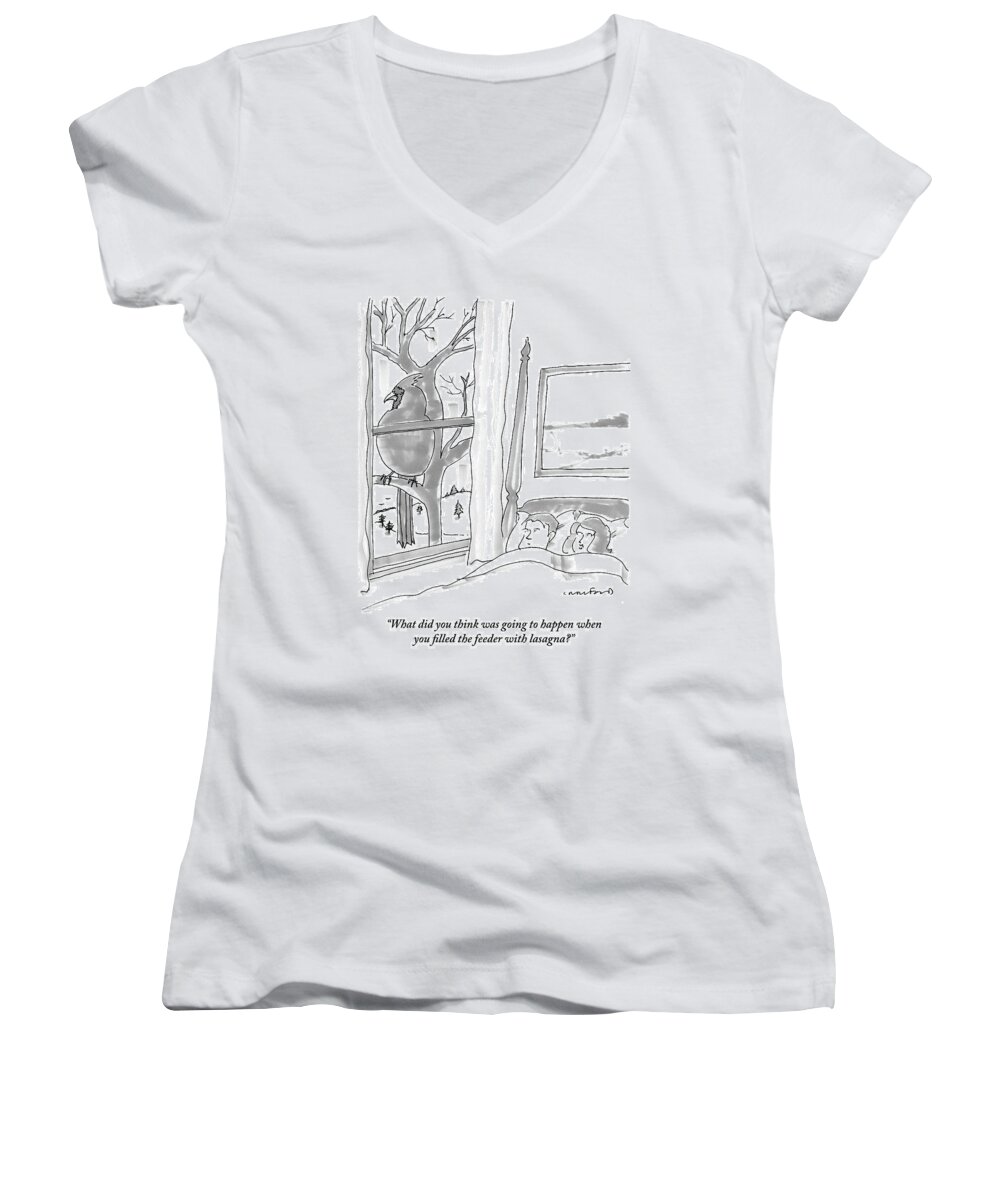 Animal
Dining
Nature


 Women's V-Neck featuring the drawing Couple In Bed by Michael Crawford