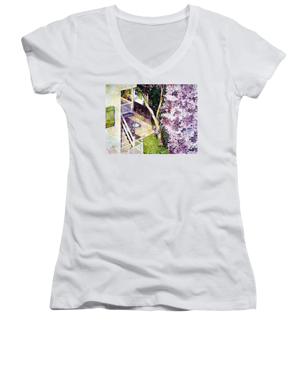 Watercolor Women's V-Neck featuring the painting Courtyard with Cherry Blossoms by Mick Williams