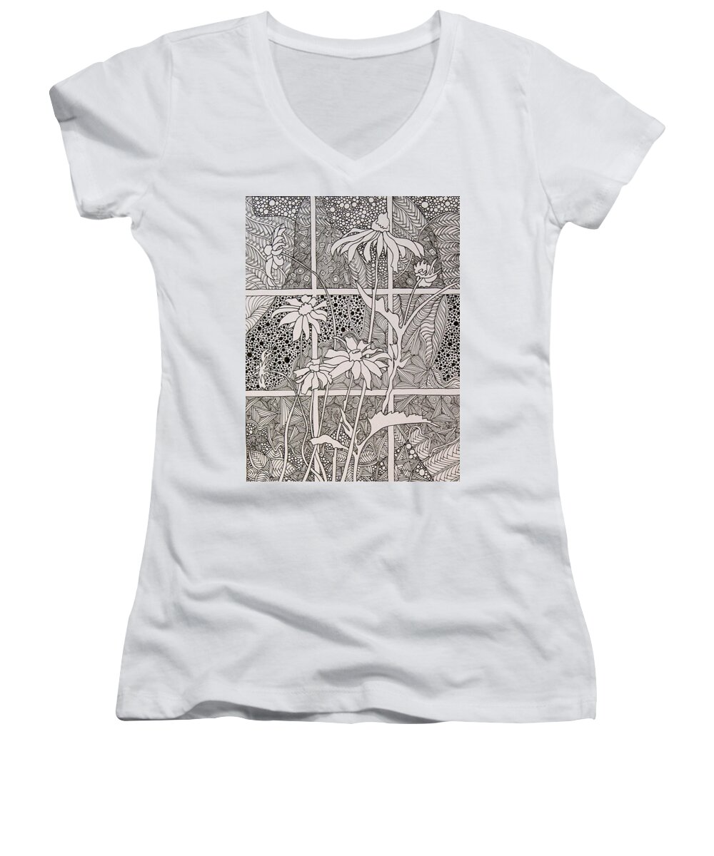 Pen Women's V-Neck featuring the drawing Daisies in a Window by Terry Holliday
