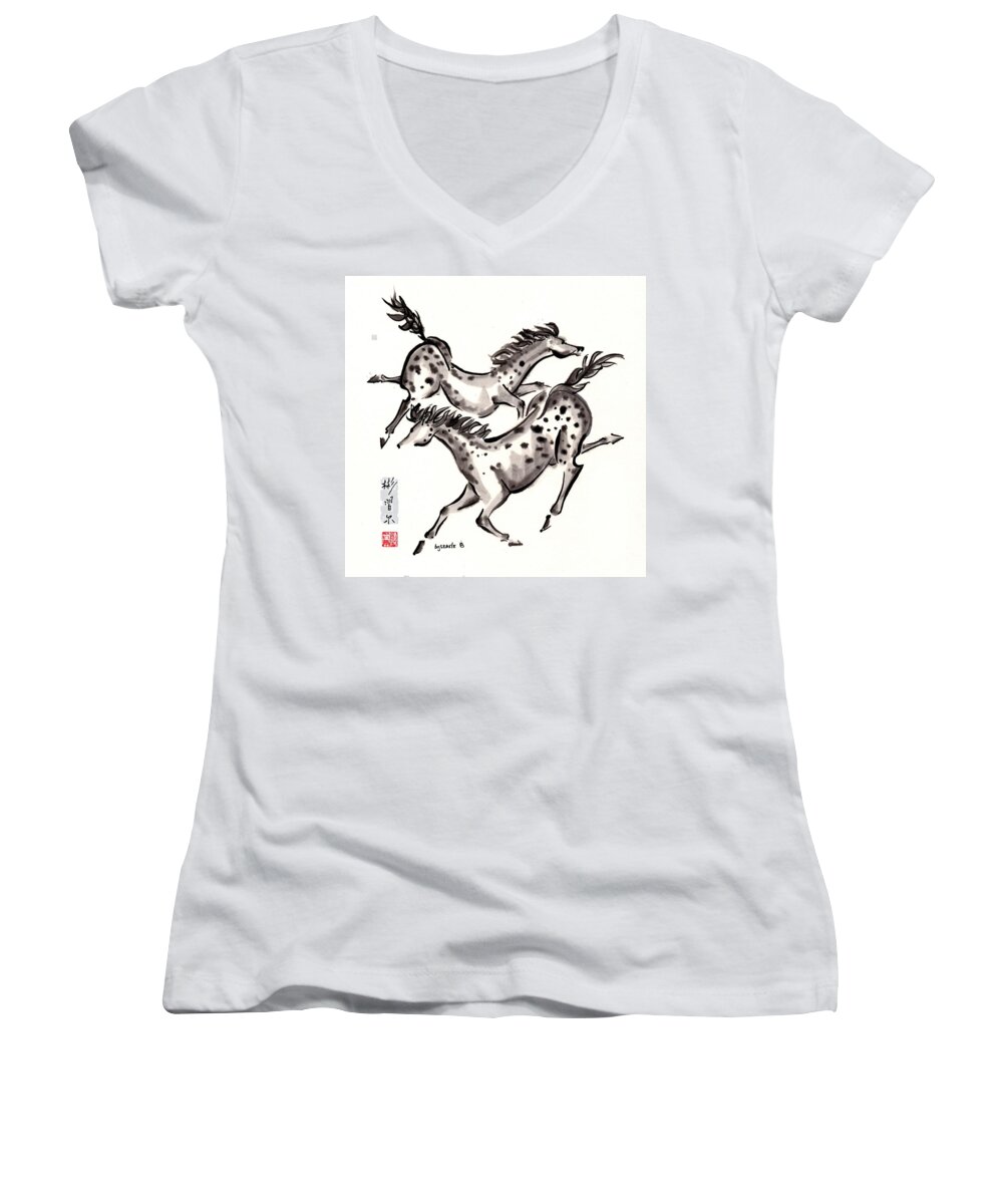 Chinese Brush Painting Women's V-Neck featuring the painting Dancers by Bill Searle