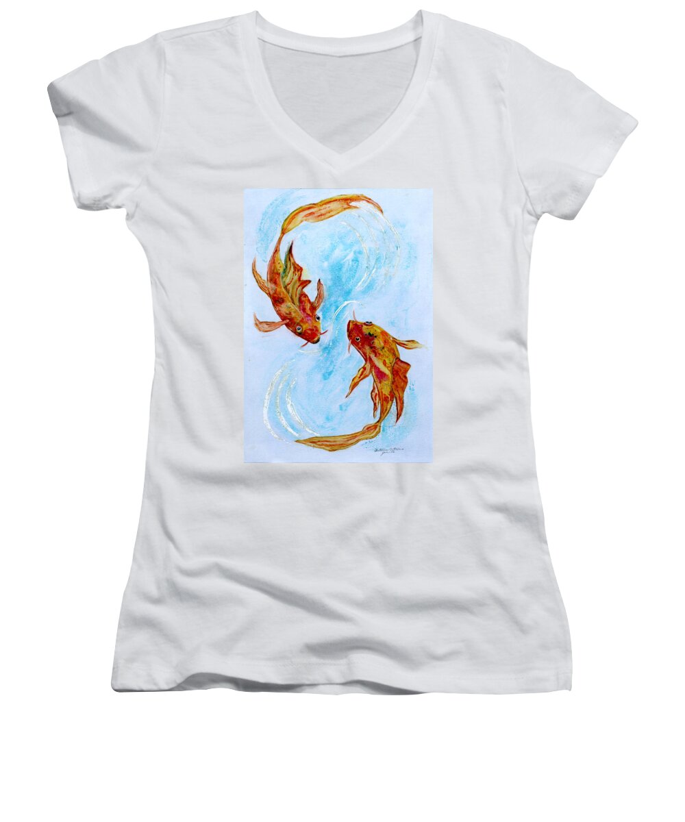 Koi Women's V-Neck featuring the painting Dancing Koi Sold by Antonia Citrino