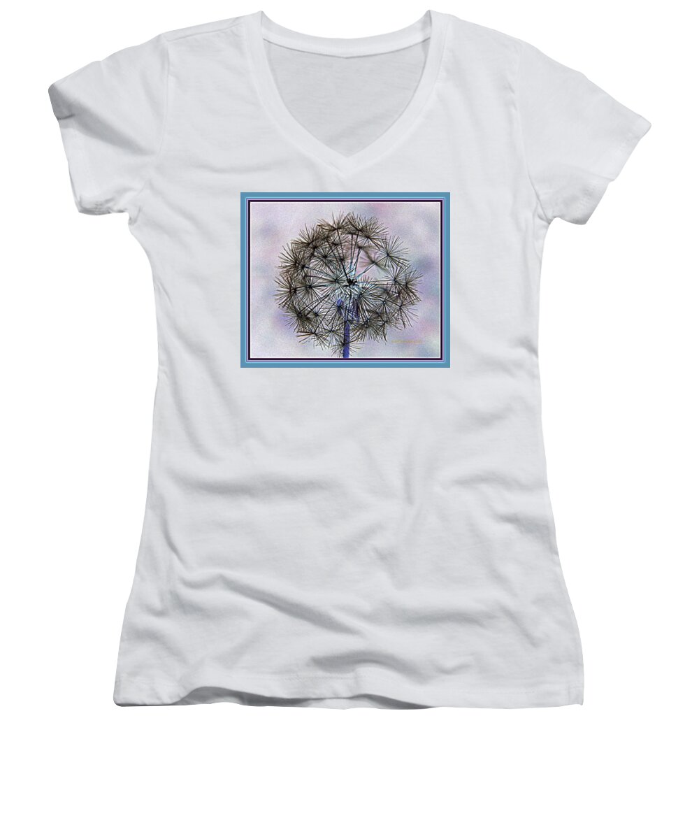 Dandelion Women's V-Neck featuring the photograph Dandelion Blue and Purple by Kathy Barney