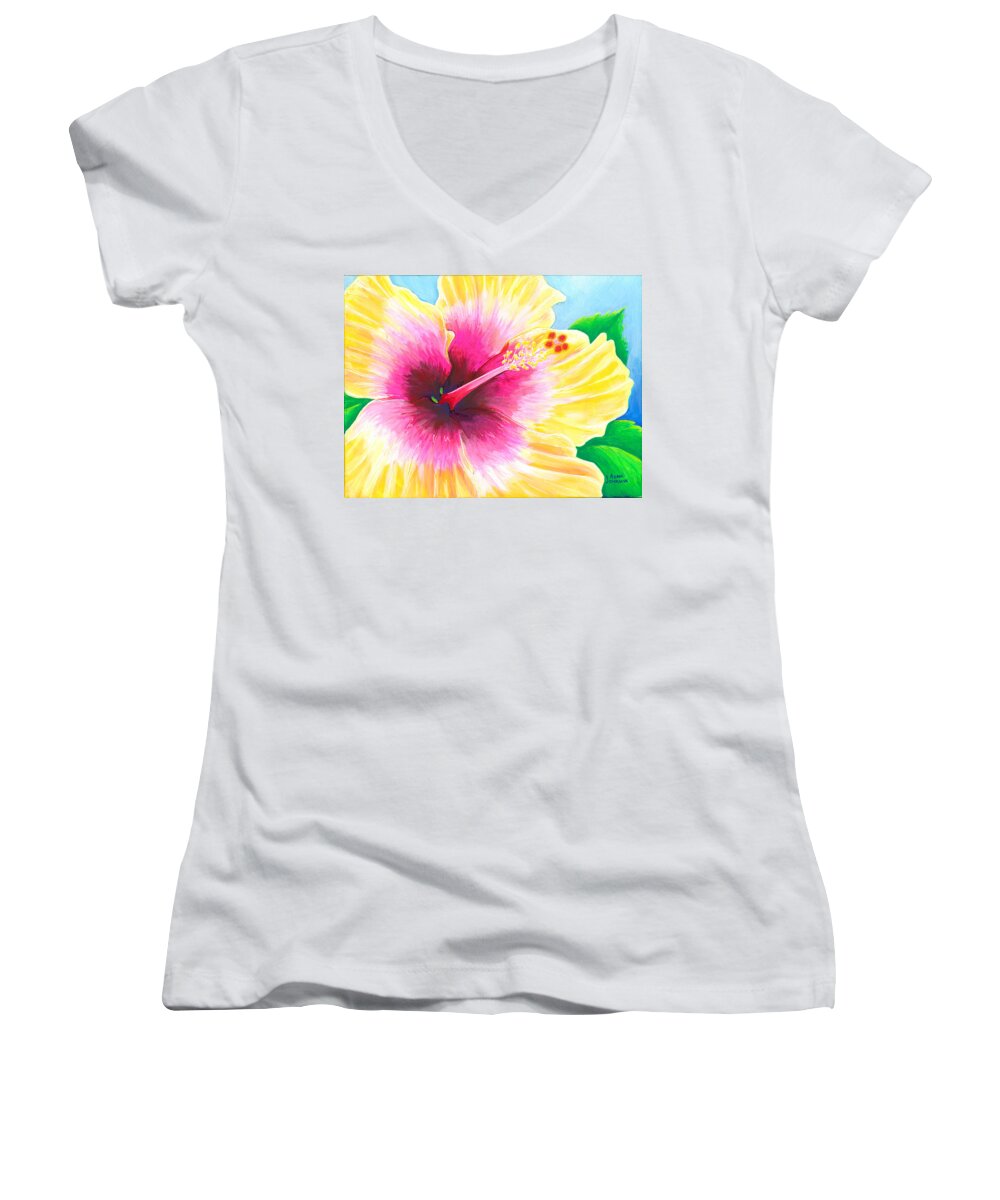 Flower Women's V-Neck featuring the painting Dan's Hibiscus by Adam Johnson