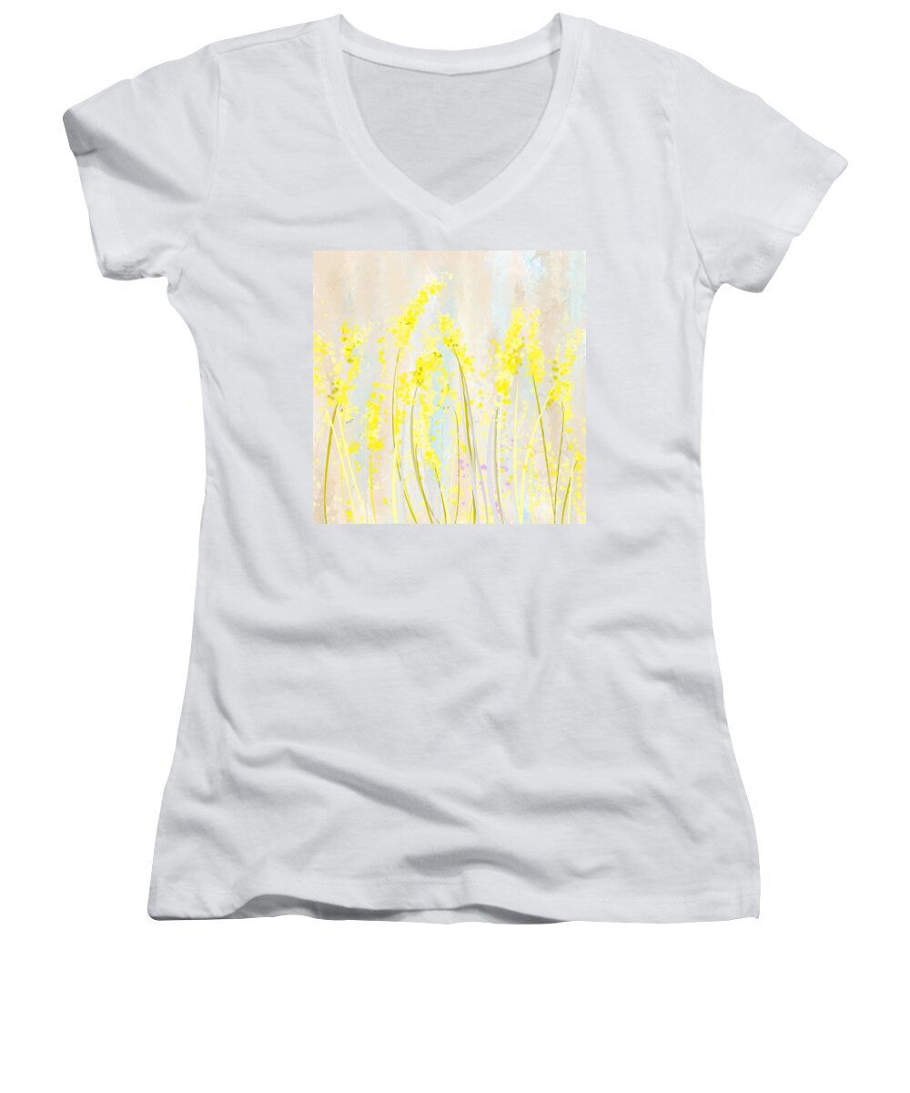 Yellow Women's V-Neck featuring the painting Delicately Soft- Yellow and Cream Art by Lourry Legarde