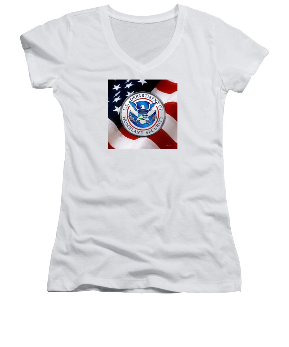 'military Insignia & Heraldry 3d' Collection By Serge Averbukh Women's V-Neck featuring the digital art Department of Homeland Security - D H S Emblem over American Flag by Serge Averbukh