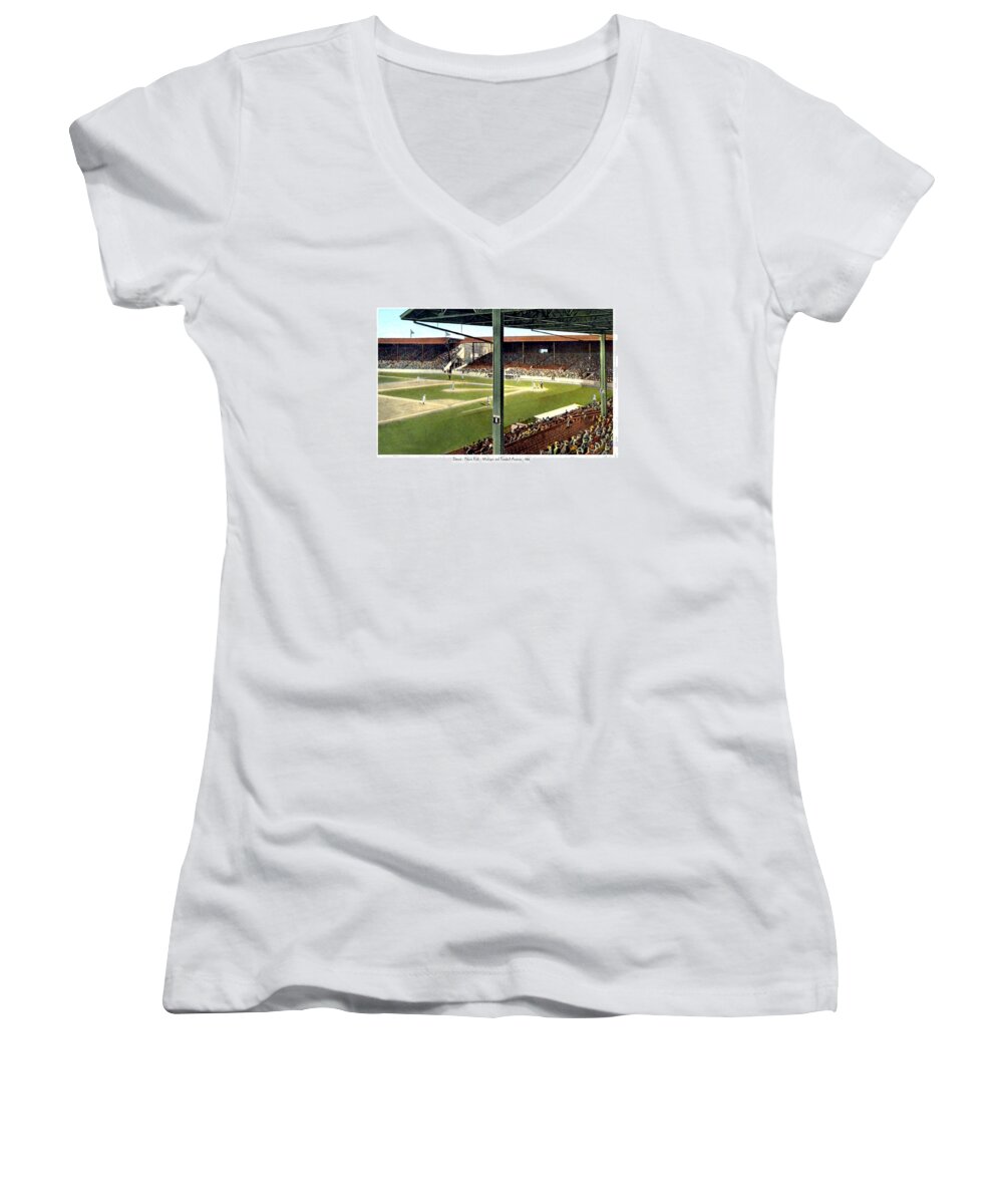 Navin Women's V-Neck featuring the digital art Detroit - Navin Field - Detroit Tigers - Michigan and Trumbull Avenues - 1914 by John Madison