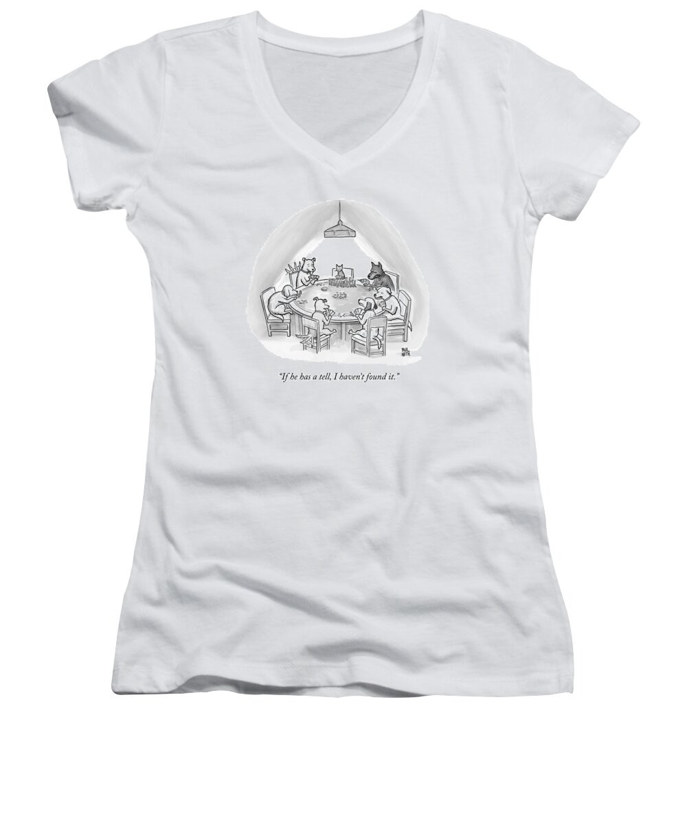 Dogs Women's V-Neck featuring the drawing Dogs Playing Poker Refer Angrily To A Cat Who by Paul Noth