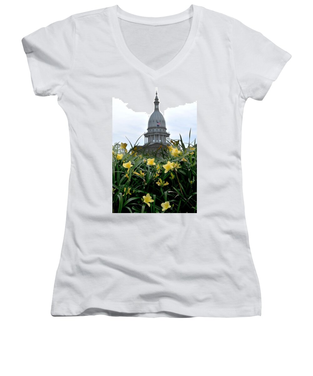 Daffodil Women's V-Neck featuring the photograph Dome Through the Daffodils by Gene Tatroe