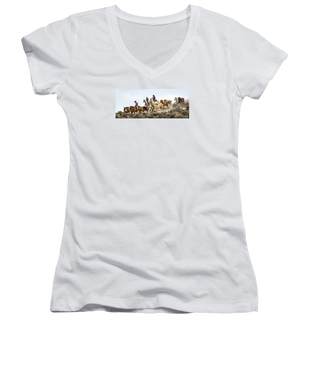 Art Women's V-Neck featuring the photograph Down the Hill by Joan Davis