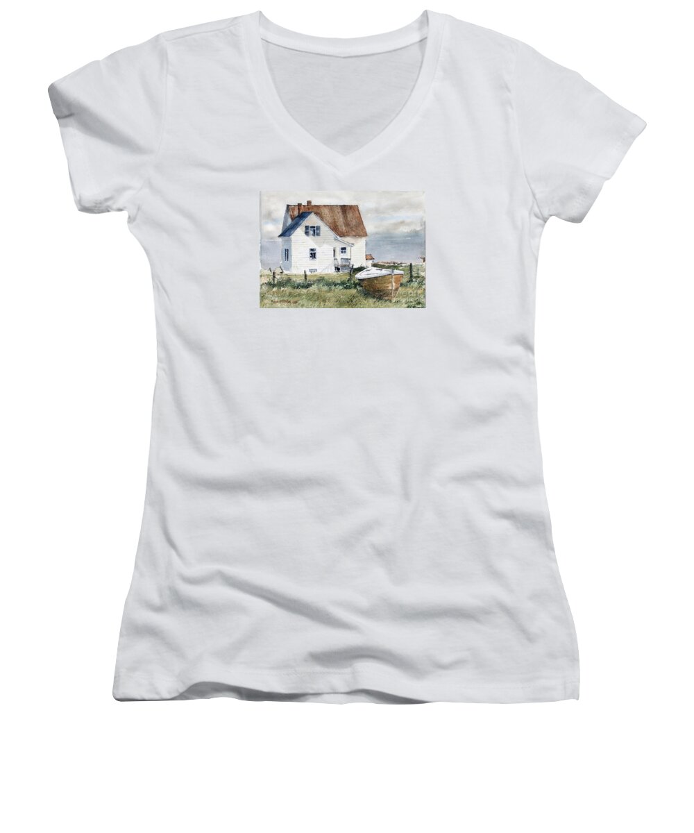 A Sunlit Country House With And A Small Stored Boat On The Banks Of The St. Lawrence River In Canada . Women's V-Neck featuring the painting Morning Sunlight by Monte Toon