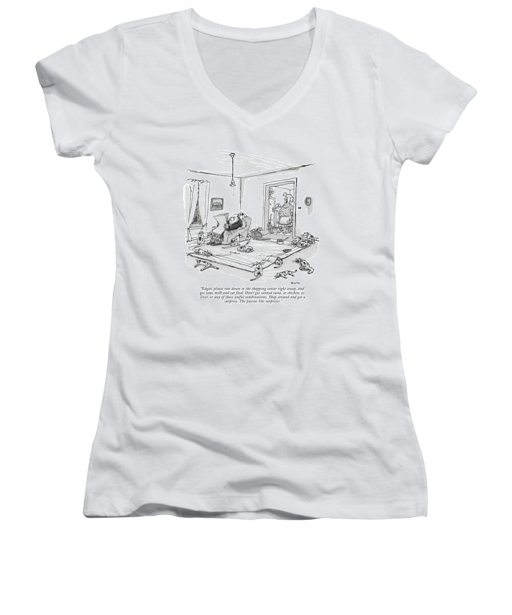  Edgar Women's V-Neck featuring the drawing Please Run Down To The Shopping Center by George Booth