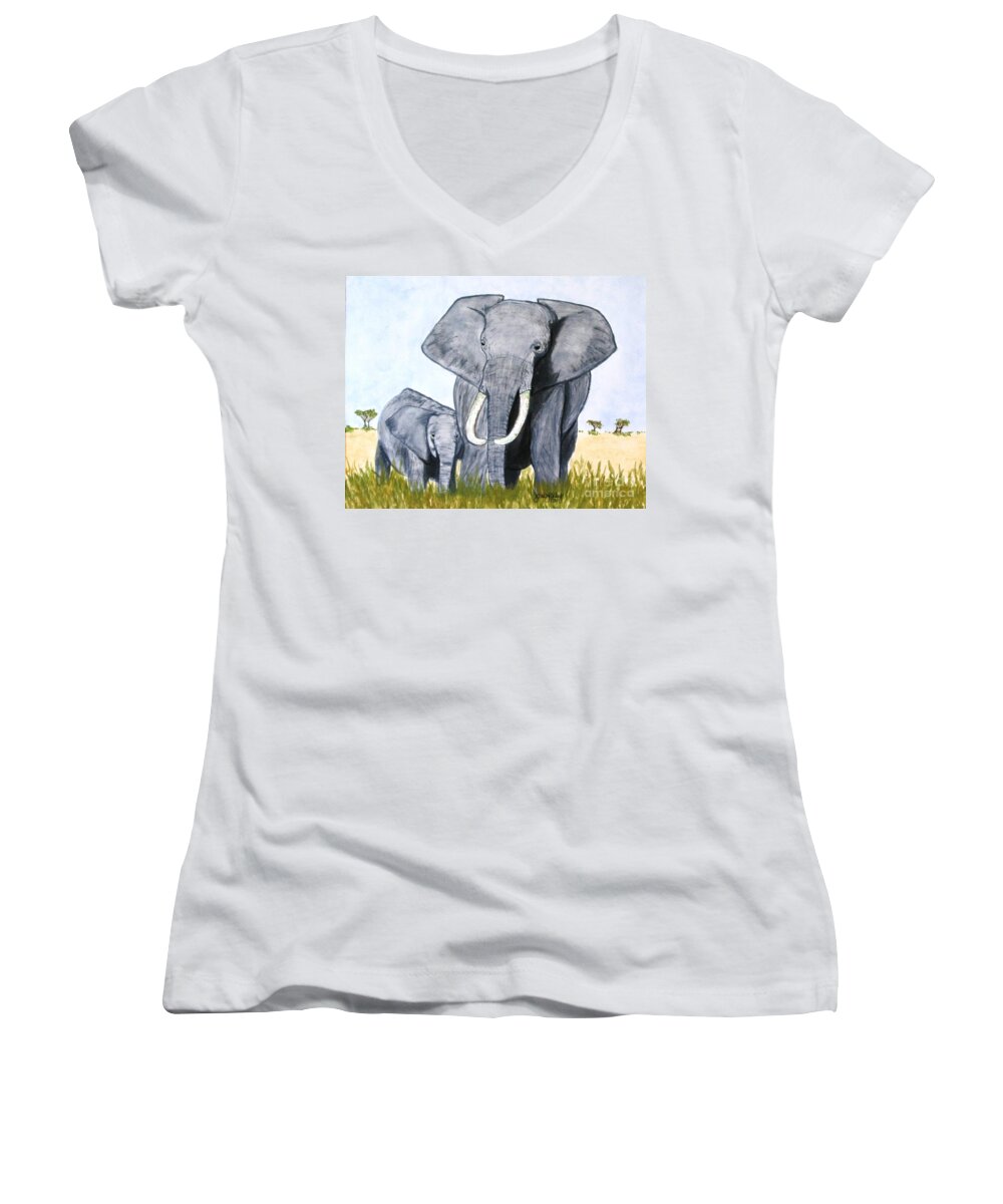 Elephants Women's V-Neck featuring the painting Elephants by Denise Railey