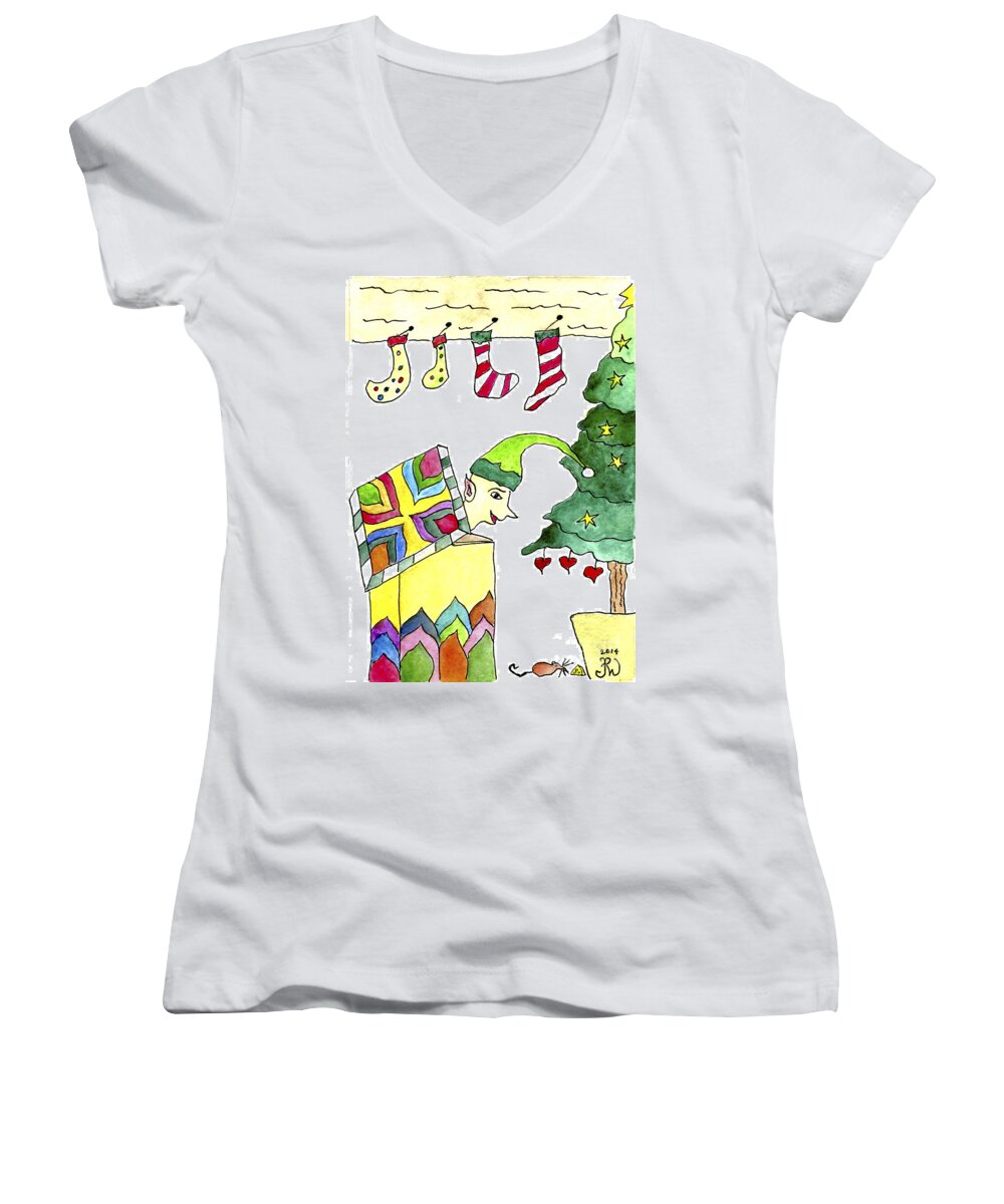 Christmas Women's V-Neck featuring the painting Elf In The Box by Paula Joy Welter