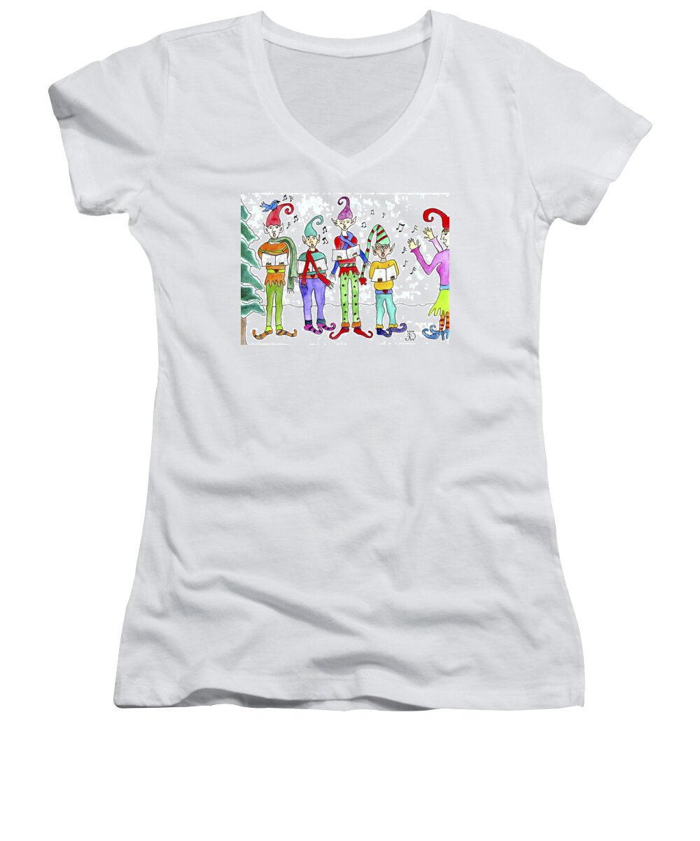 Christmas Elves Women's V-Neck featuring the painting Elves singing Holiday Harmony by Paula Joy Welter