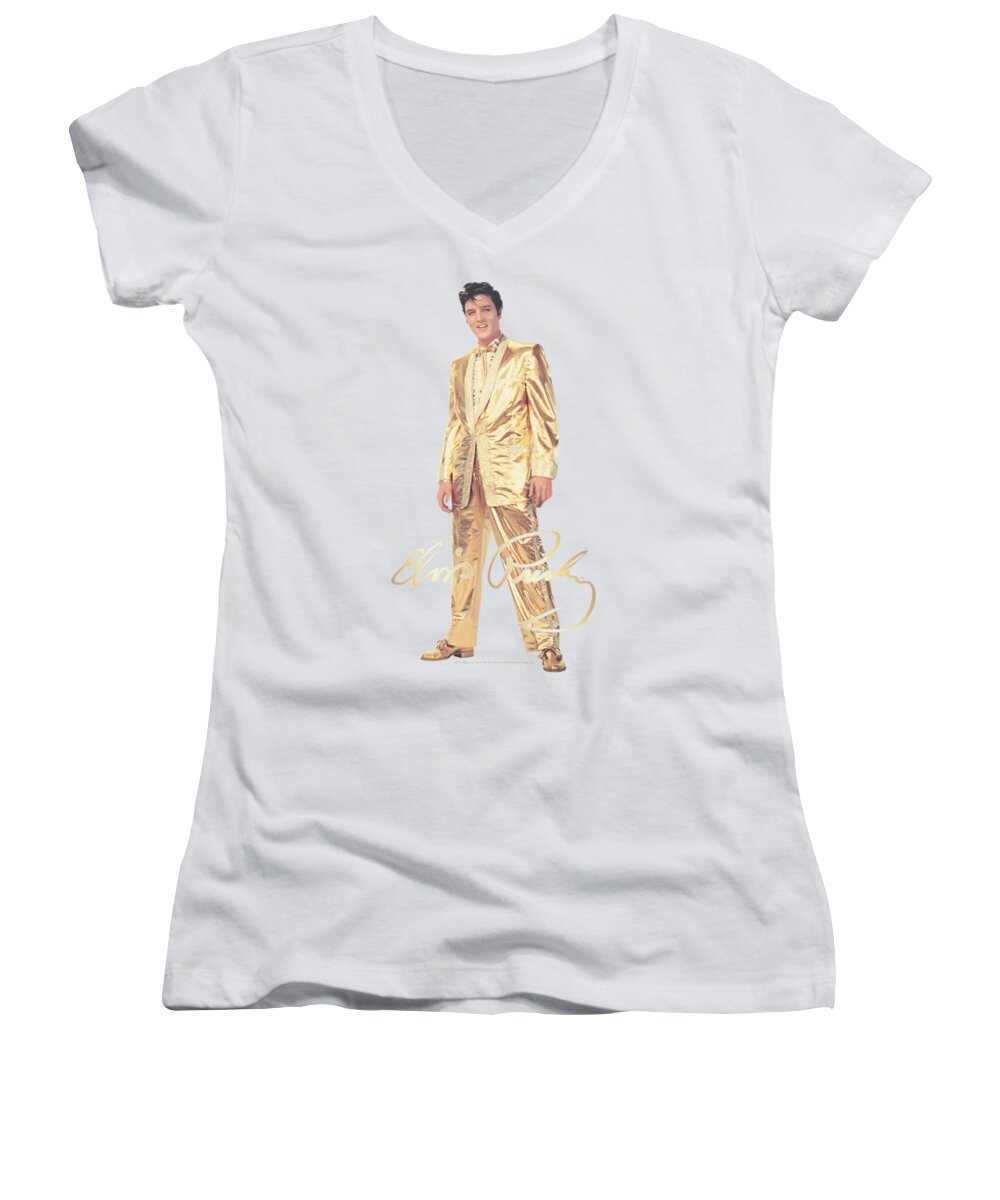 Elvis Women's V-Neck featuring the digital art Elvis - Gold Lame Suit by Brand A
