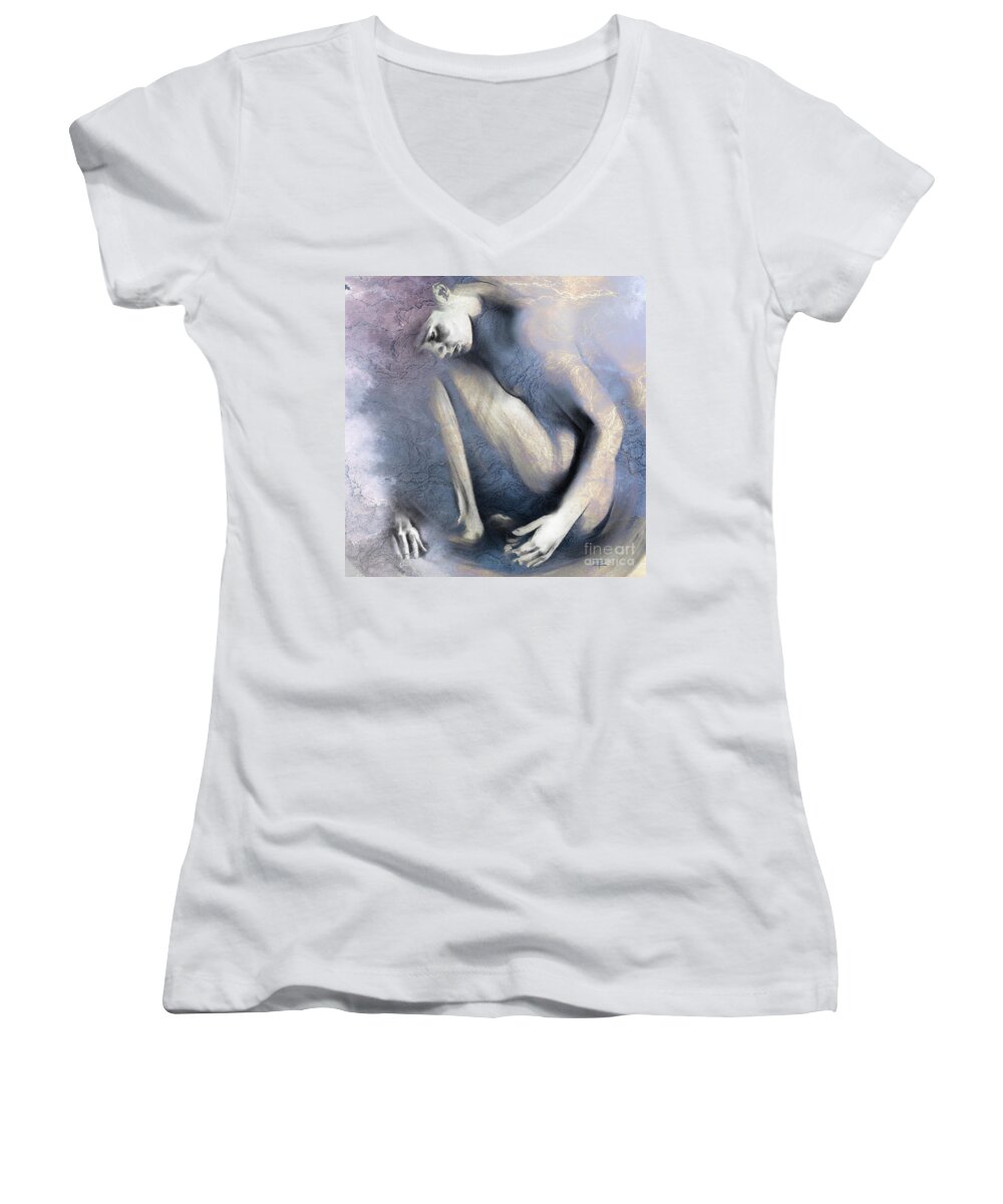 Figurative Women's V-Neck featuring the drawing Embryonic II. Textured SQUARE by Paul Davenport