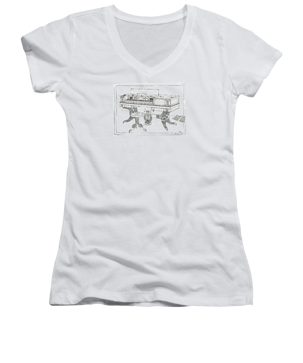 Empire Period Square Piano Women's V-Neck featuring the drawing Empire Period Piano 1820 by Ira Shander