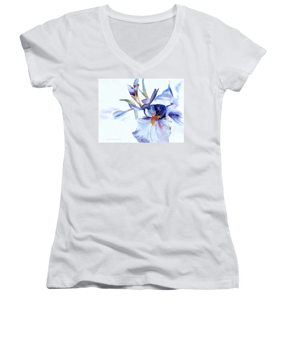 Watercolor Women's V-Neck featuring the painting Exploding Iris by Barbara McMahon