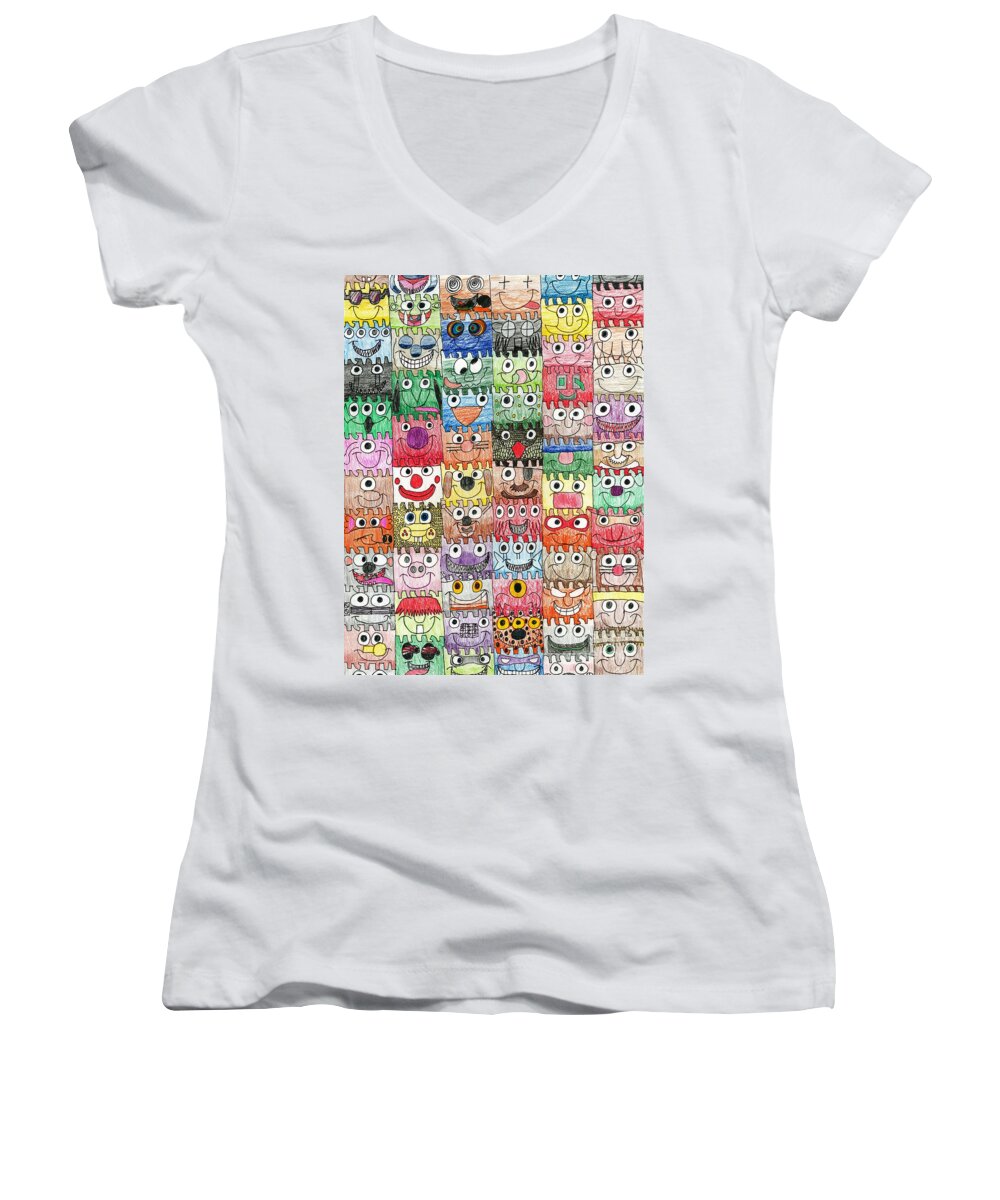 Whimsical Women's V-Neck featuring the drawing Faces Puzzle Poster by Paul Fields