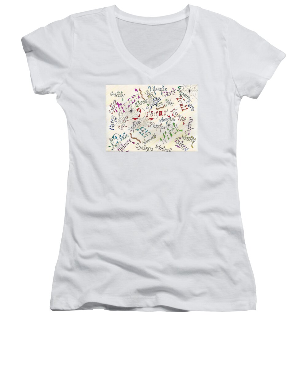 Pen Women's V-Neck featuring the drawing Fantasy Creatures by Bertie Edwards