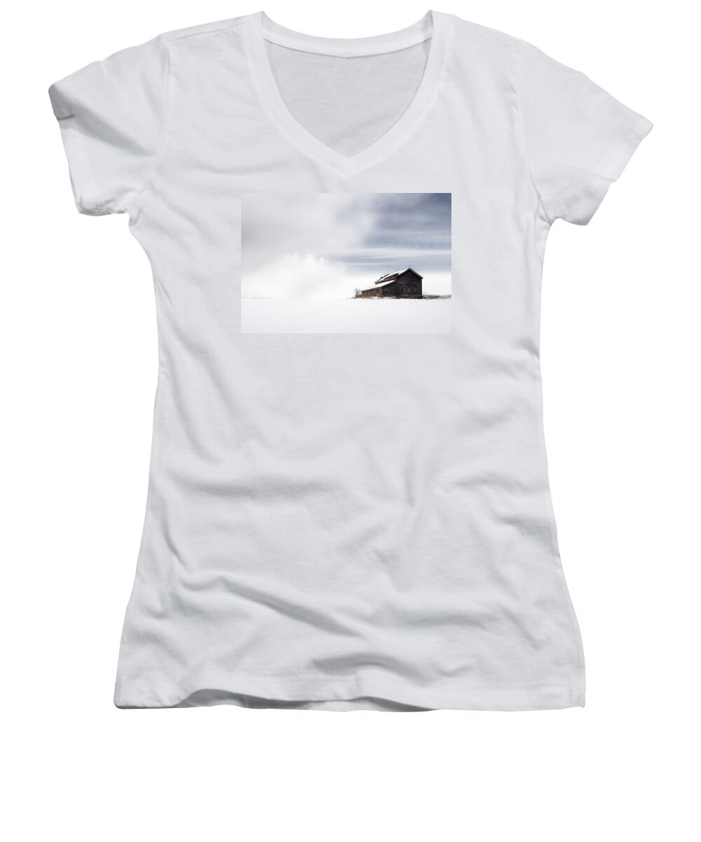 Landscape Women's V-Neck featuring the photograph Farmhouse - A snowy winter landscape by Gary Heller