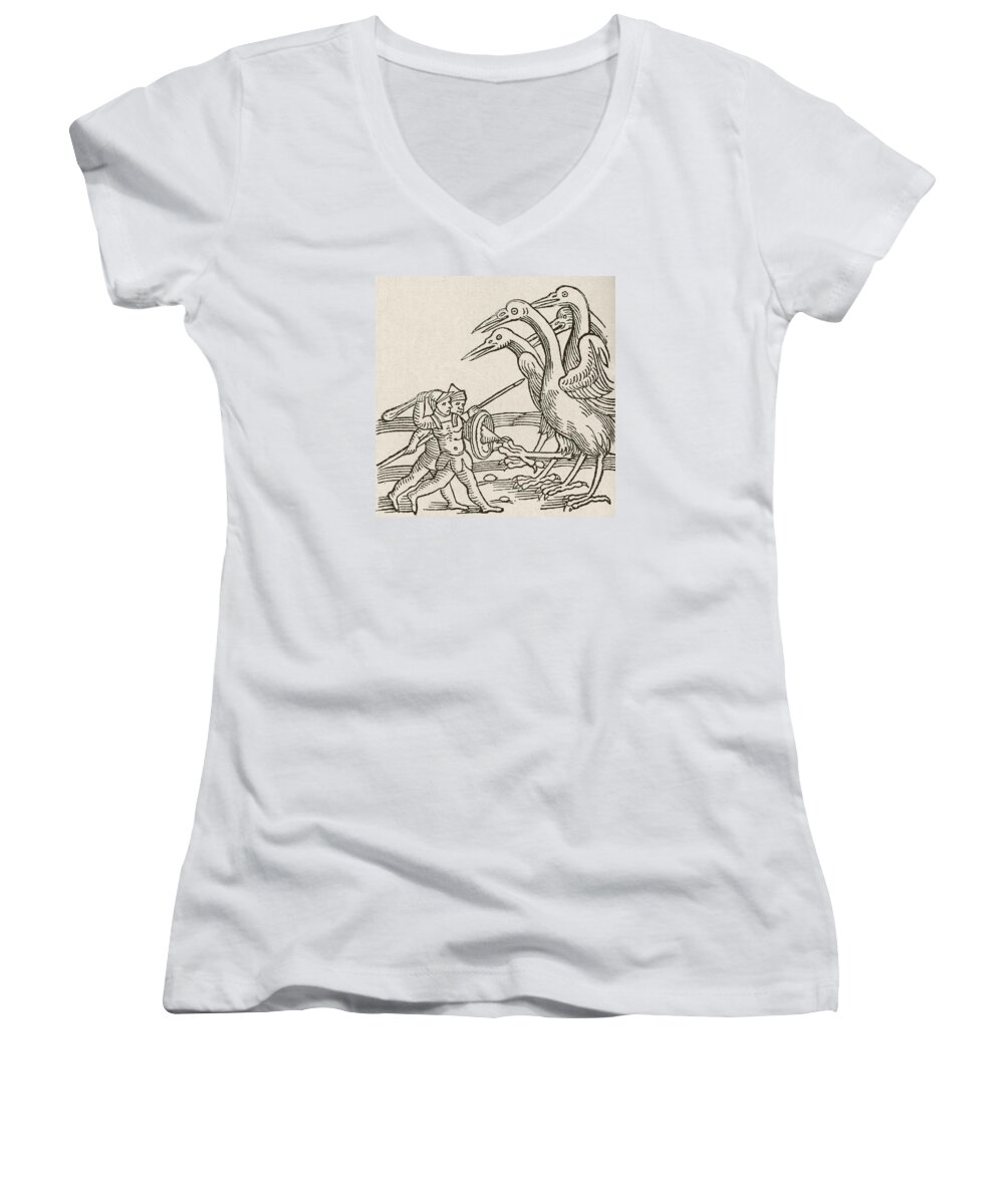 Fight Women's V-Neck featuring the drawing Fight Between Pygmies And Cranes. A Story From Greek Mythology by English School