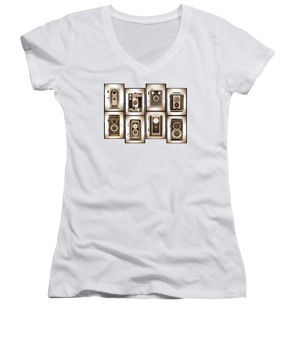 Vintage Cameras Women's V-Neck featuring the photograph Film Camera Proofs 4 by Mike McGlothlen